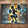 Powerful Fitness Tapestry, Graffiti-Style Female Athlete Performing a Squat with Bold Blue and Orange Splashes, High-Energy Gym Wall Art