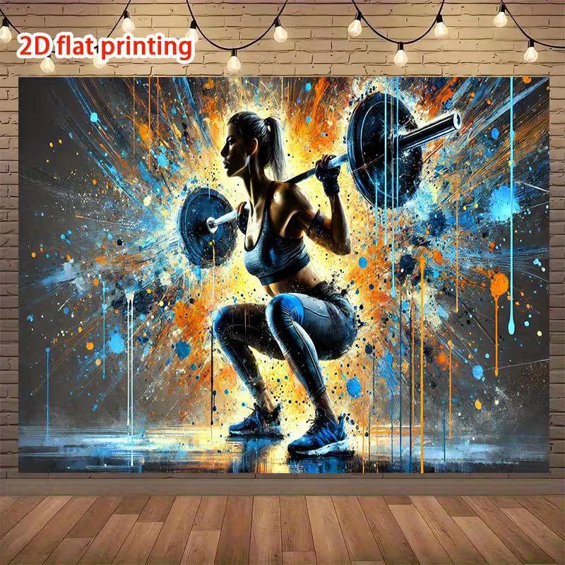 Powerful Fitness Tapestry, Graffiti-Style Female Athlete Performing a Squat with Bold Blue and Orange Splashes, High-Energy Gym Wall Art