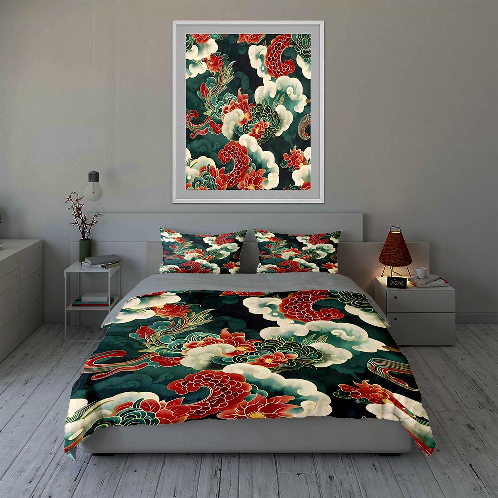 Dragon-themed floral. Bedding Duvet cover sets Duvet covers Pillowcases gifts (1 * Duvet Cover 2 * Pillowcases, without duvet insert)