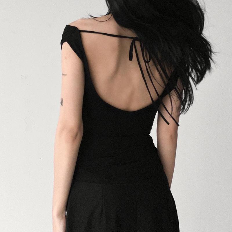 Women's Summer Solid Colour Swing Neck Sleeveless One Shoulder Backless Tie Sexy T-Shirt
