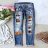 Women's Mid Rise Straight Leg Distressed Halloween Pumpkin Ghost Patch Print Long Denim Pants Summer Street Jeans