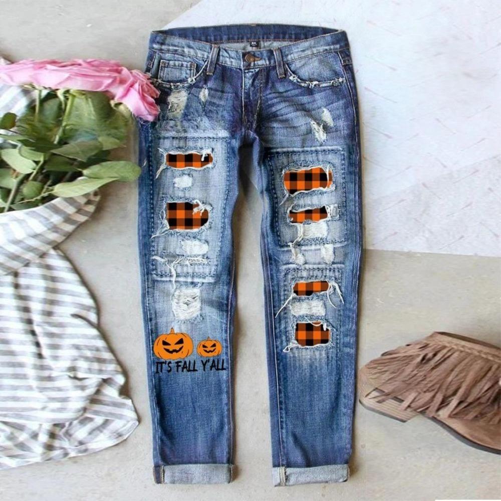 Women's Mid Rise Straight Leg Distressed Halloween Pumpkin Ghost Patch Print Long Denim Pants Summer Street Jeans