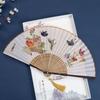 Vintage Chinese Cheongsams Folding Fan with Butterfly Flower Pattern Wood and Cotton Linen Handheld Fan with Tassels