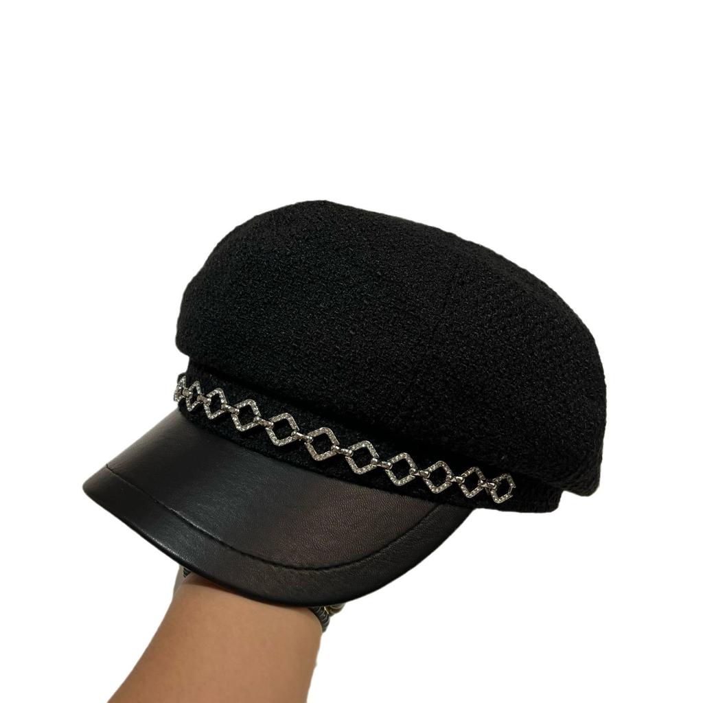 Spring And Autumn Small Fragrant Wind Coarse Tweed Light Luxury Rhinestone Strip Octagonal Hat European Old Money Wind High Quality Duck Tongue Beret