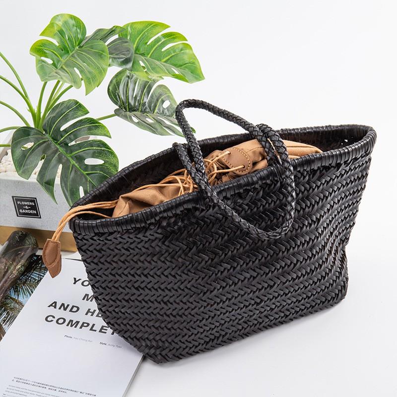 Womens Genuine Leather Woven Tote Bag Handmade French Basket Style Soft Cowhide Shoulder Vintage Design