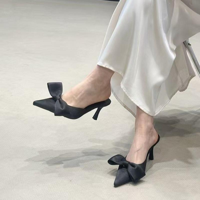 Spring Brand Designer Sexy Butterfly-knot Women Slipper Pointed Toe Slip on Ladies Shoes Elegant Thin Heel Mules Dress Sandals