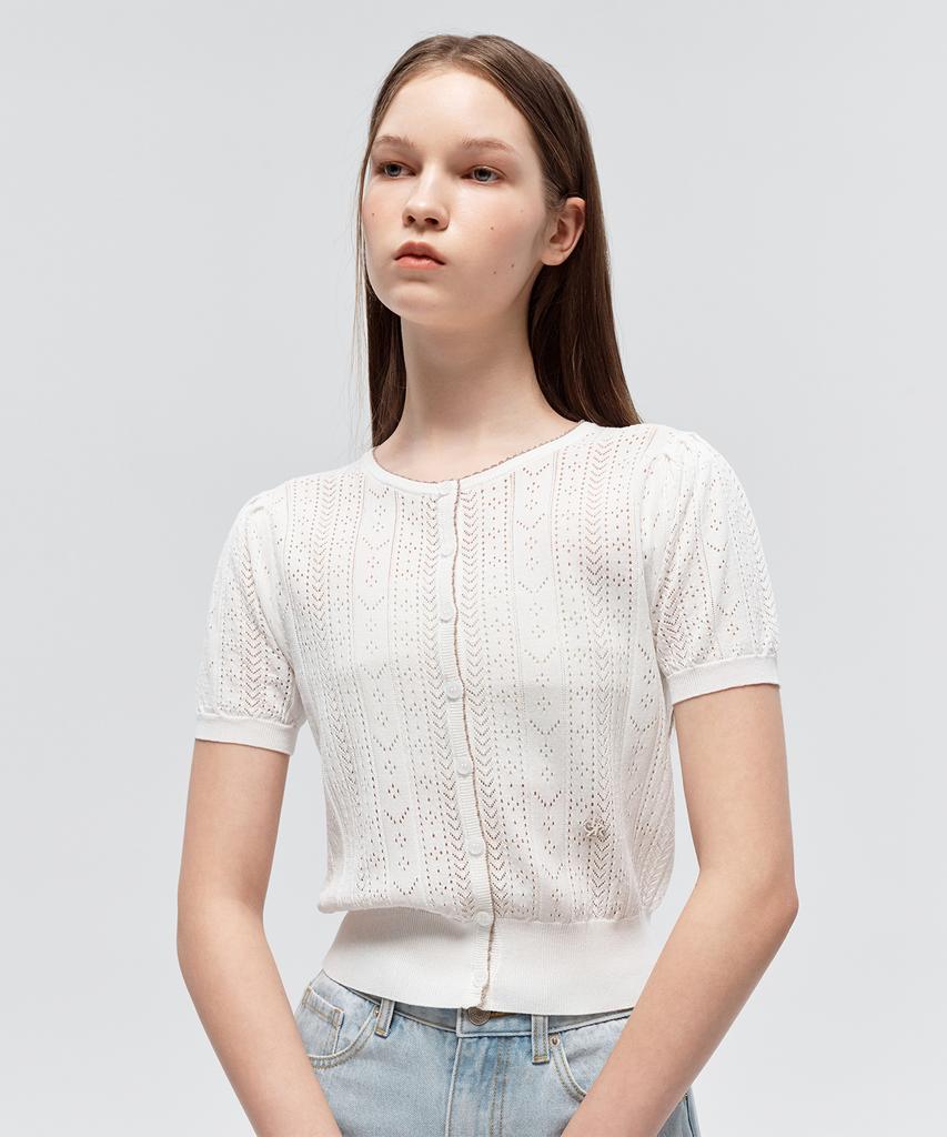 Citybreeze Scalloped Puff Short Sleeve Cardigan_White