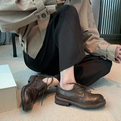 Cowhide Version~ Leather Thick Heel Retro Small Leather Shoes Women's British Lace-up New Platform Oxford Shoes Loafers Single Shoes