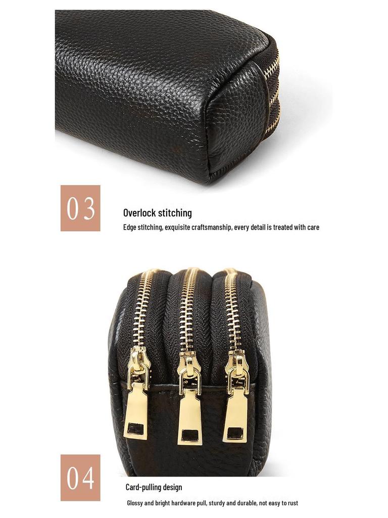 Women's Genuine Leather Three-Zipper Coin and Key Clutch