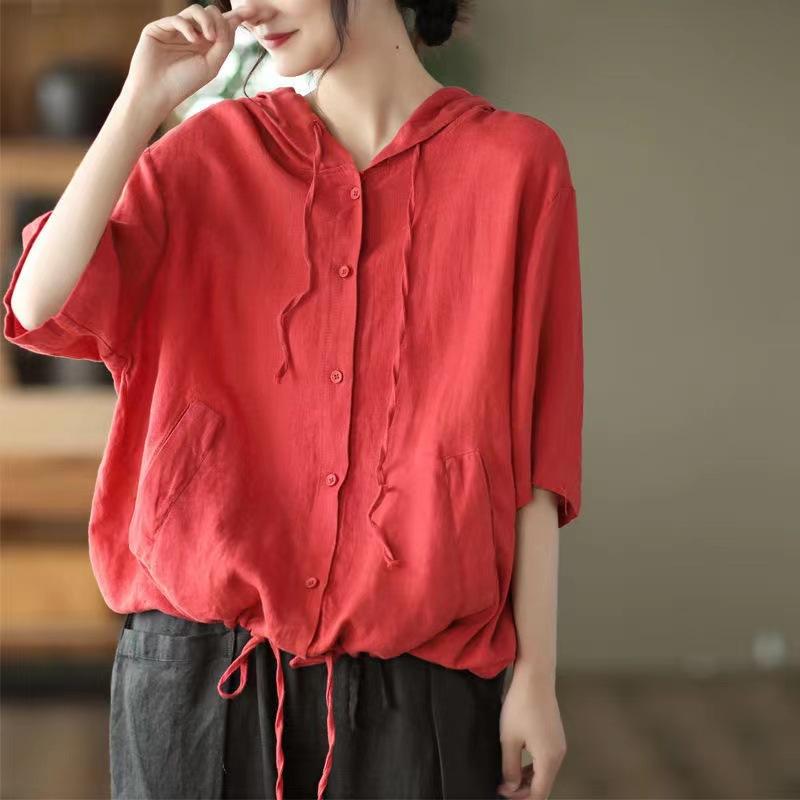 Export Niche Design Sense Solid Color Breathable Linen Hooded Shirt Fashion Casual Loose Short-sleeved Shirt Women