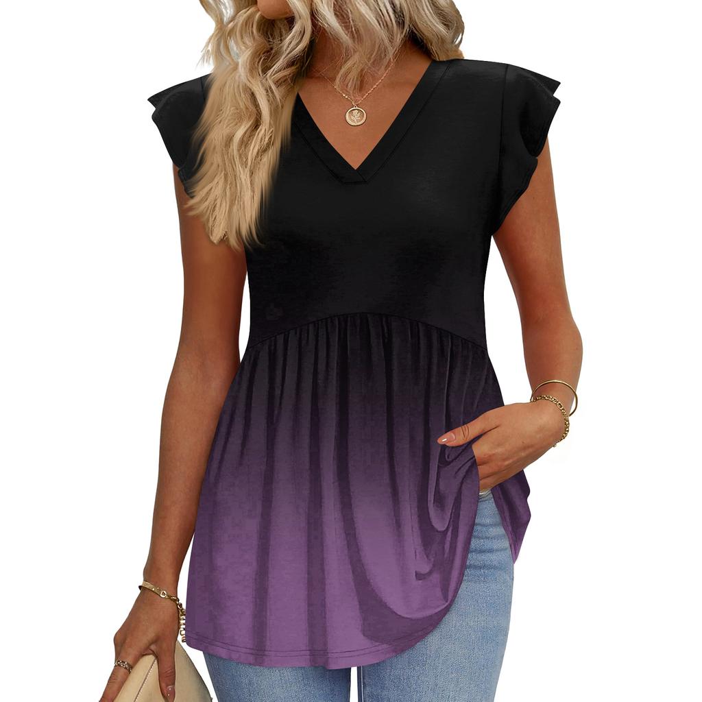 Womens Tops Fashionable V-neck Ruffled Sleeve Short-sleeved T-shirt Business Blouses