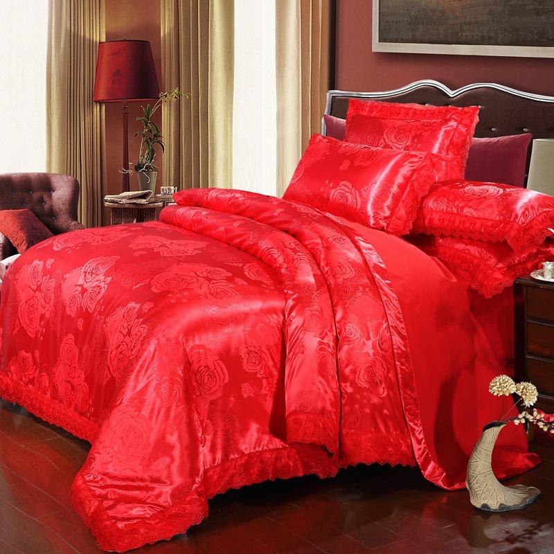 European Satin Jacquard Bedding Set - Lace-Trimmed, 4-Piece Set