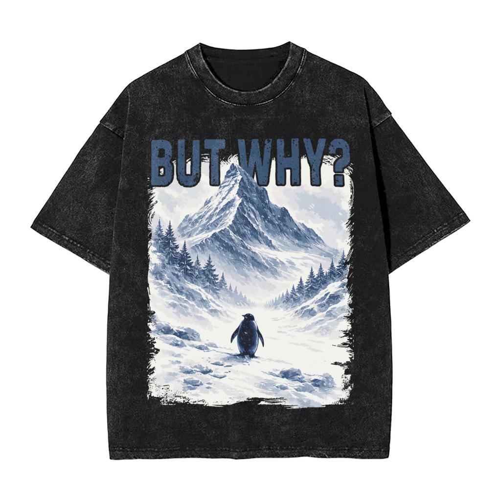 Streetwear Washed Tshirt Lone Penguin Survival But Why Funny Dark Meme Cotton Tshirts Hipster Tshirt Men Beach Y2k Basic Tees