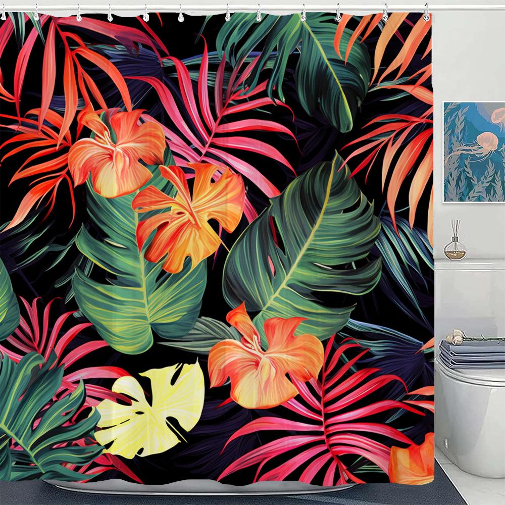 1 Pcs Printed Colorful Plant Leaves Waterproof Shower Curtain, Gorgeous Flower Leaf Bathroom Decoration Curtain, With Hooks