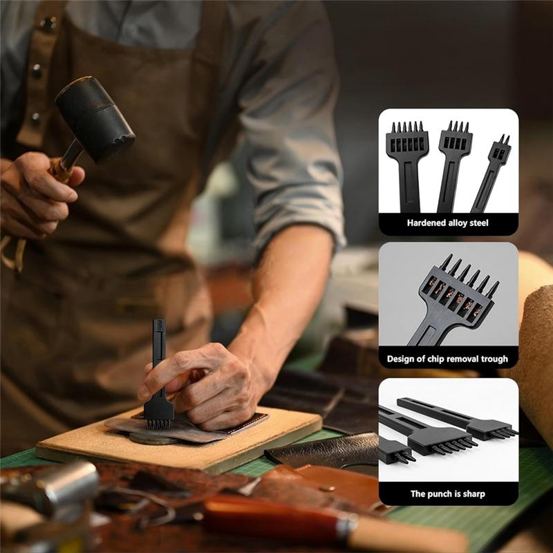 Leather Stitching Punch Set Of 3 Pieces 4Mm, 2/4/6 Prong Lacing Hole Punch Leather Sewing Chisel