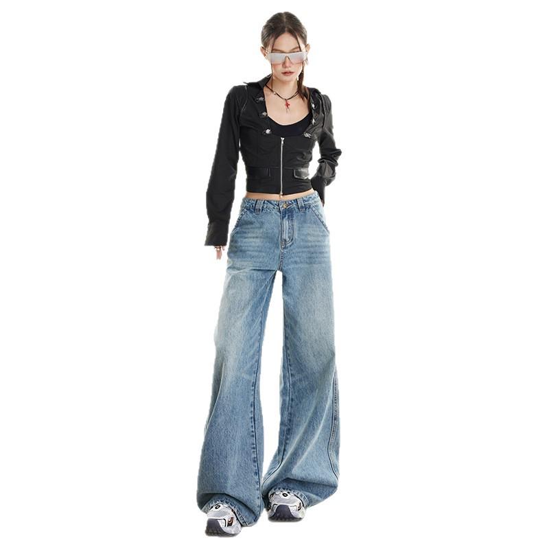 Women's Retro Wide-Leg Jeans: American Design, HK Style, Loose Straight-Leg, Floor-Length
