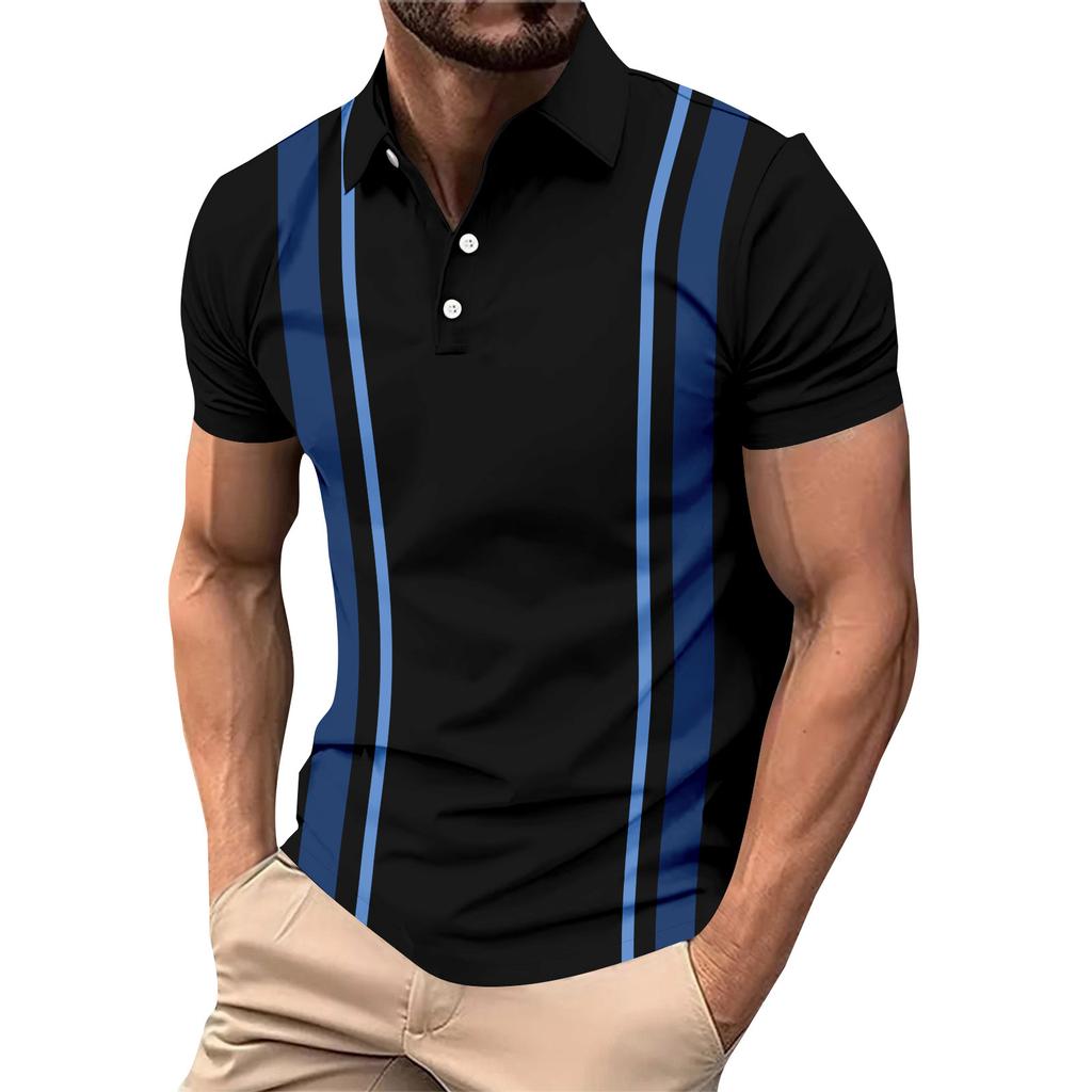 Striped Print Summer Short Sleeved Lapel Button Men's Casual Top