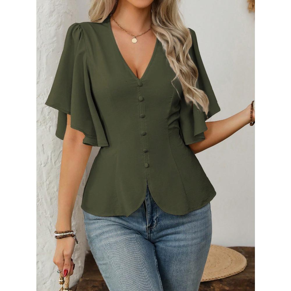 Fashionable and Elegant Deep V-neck Solid-color Single-button Belted Ladies' Short-sleeved Top