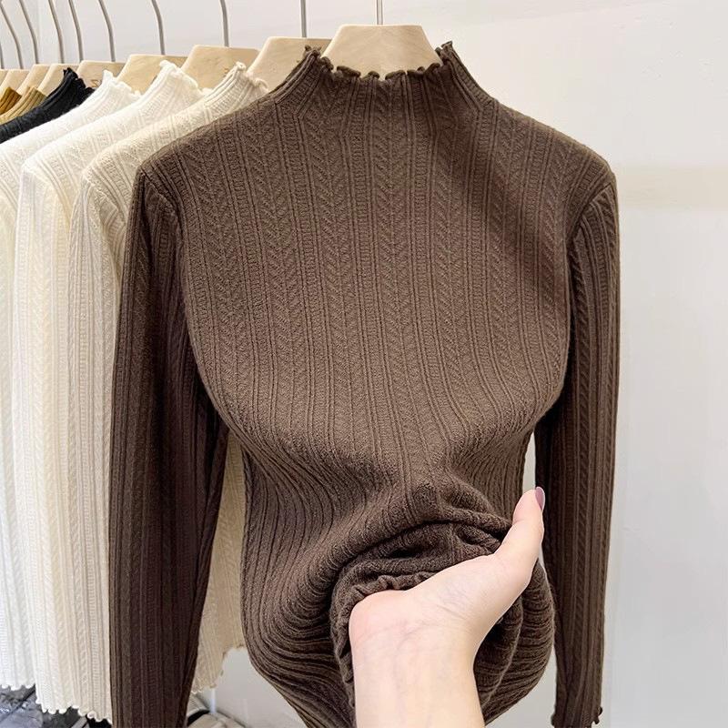 Women's Autumn Winter White Pullover Base Layer Sweater with Ruffled Trim - Half-High Neck Knit Inner Wear Top for Spring and Autumn