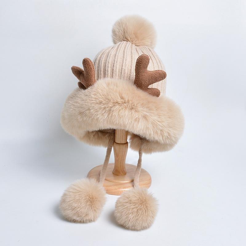 New Antler Knitted Wool Hat Plush Ear Protector Pullover Hat Korean Version Three Hair Ball Thickened Warm Hat Women