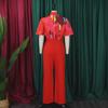 D341 European/American Summer Printed Stand-Up Collar Long Sleeve Shirt & Wide-Leg Pants Two-Piece Fashion Suit