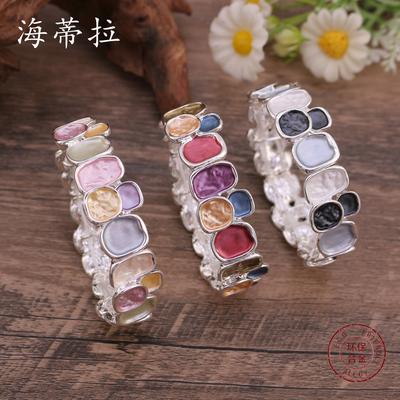 Color Painting Oil Geometric Square Alloy Bracelet, Women's Fashion High-end Elastic Rope Bracelet