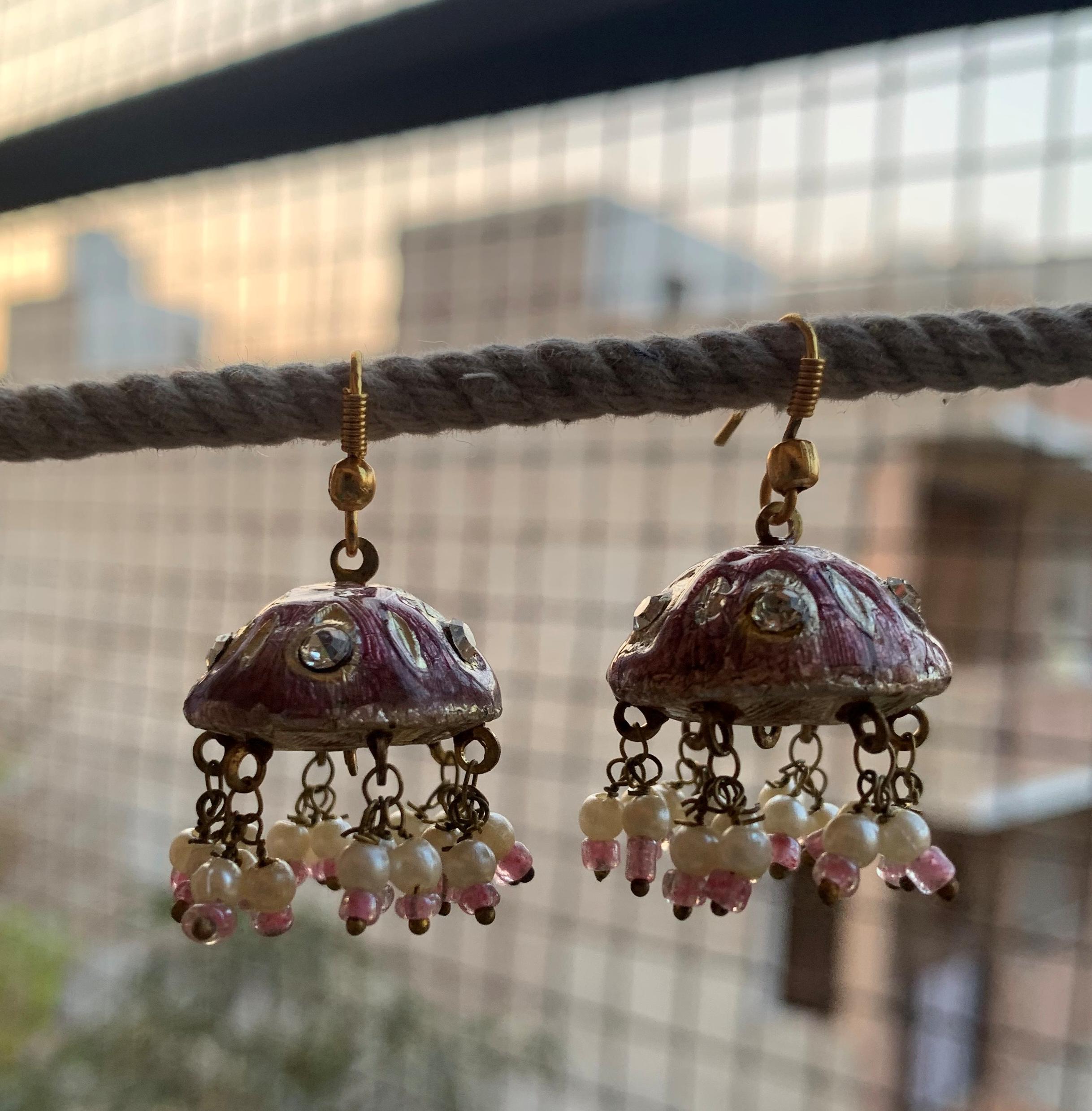 Pink Jhumka Earrings, Pearl and Bead Indian Dangle Earrings, Traditional Ethnic Jewelry 1” X 0.5  ( h x l ) approx.