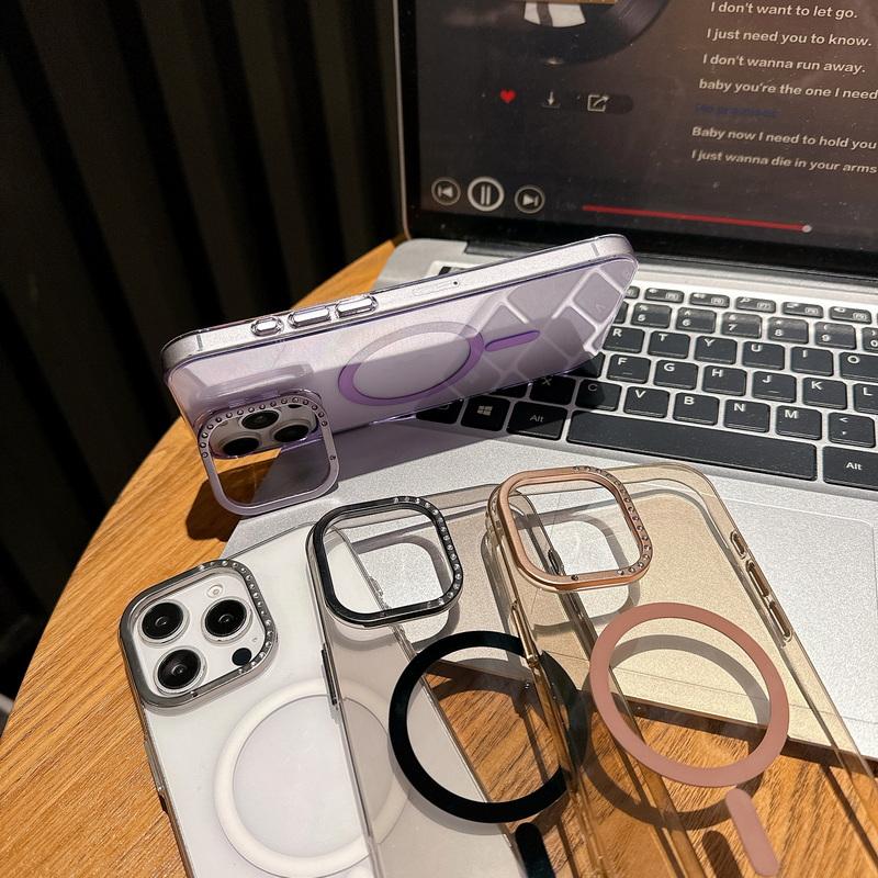 Diamantrahmen Metall Kamera Ständer Handyhülle Für iPhone 16 Pro 15 Pro Max 14 für Magsafe Klar Stoßfest Kabelloses Laden Magnetische Rückseite