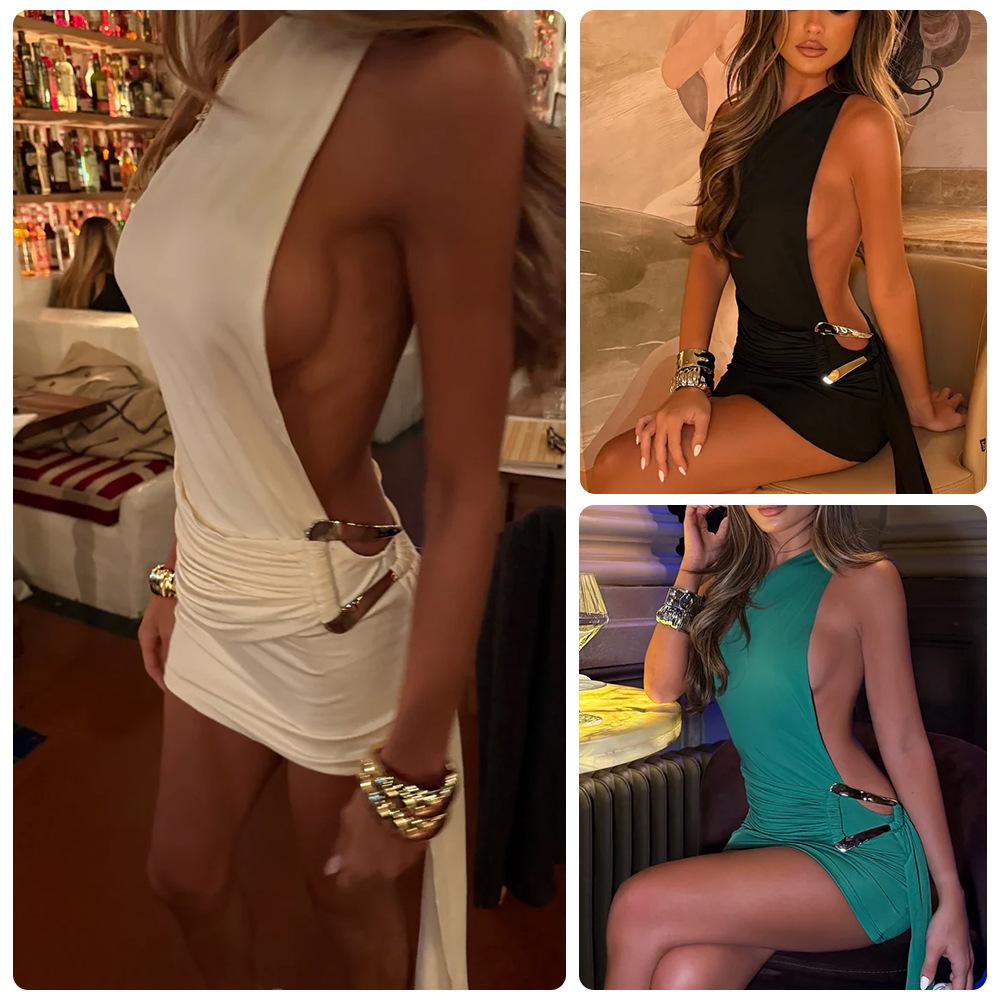 2025 European & American Sexy Bodycon Dress with Metal Buckle Waist