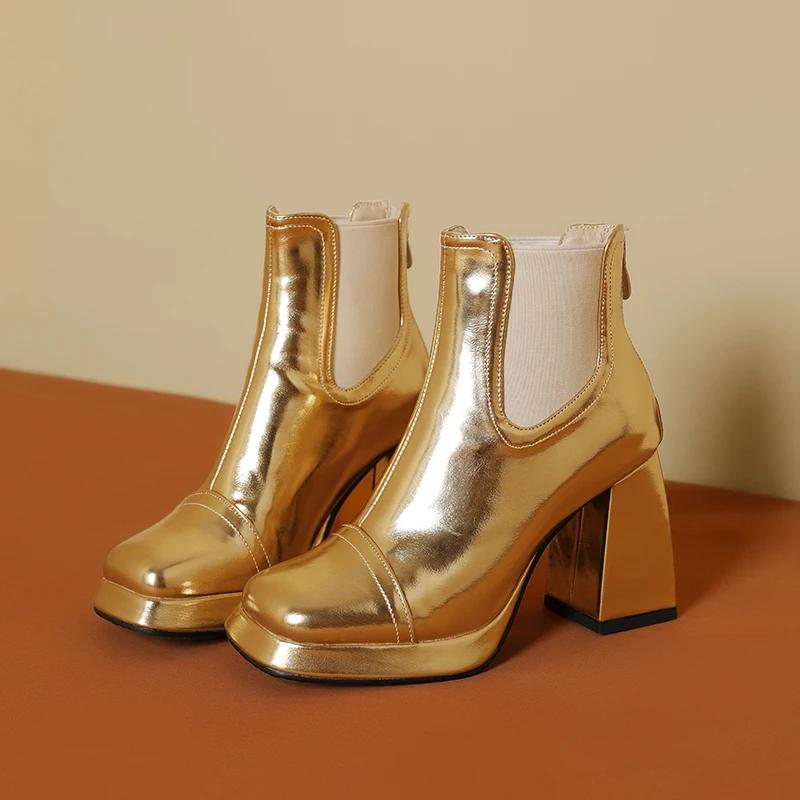 Silver Gold Women Platform Chelsea Boots High Chunky Heels British Winter Dress Office Ladies Shiny Retro Square Toe Ankle Boots