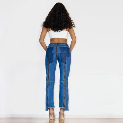 Women's Dark Blue Denim Pants Unique Zipper Long Jeans for Party Club Dance Streetwear Hot Fashion