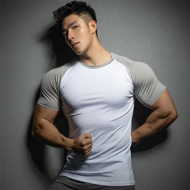 Sommer Freizeit Lauf-T-Shirt Fitnessstudio Trainings-Tops Elastisch Schnelltrocknend Einfarbig Kurzarm Sport T-Shirt Herren Sportbekleidung