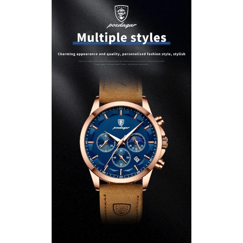 POEDAGAR Luxury Man Wristwatch Sports Leather Quartz Watch Waterproof Luminous Calendar Chronograph Watches Male Clock