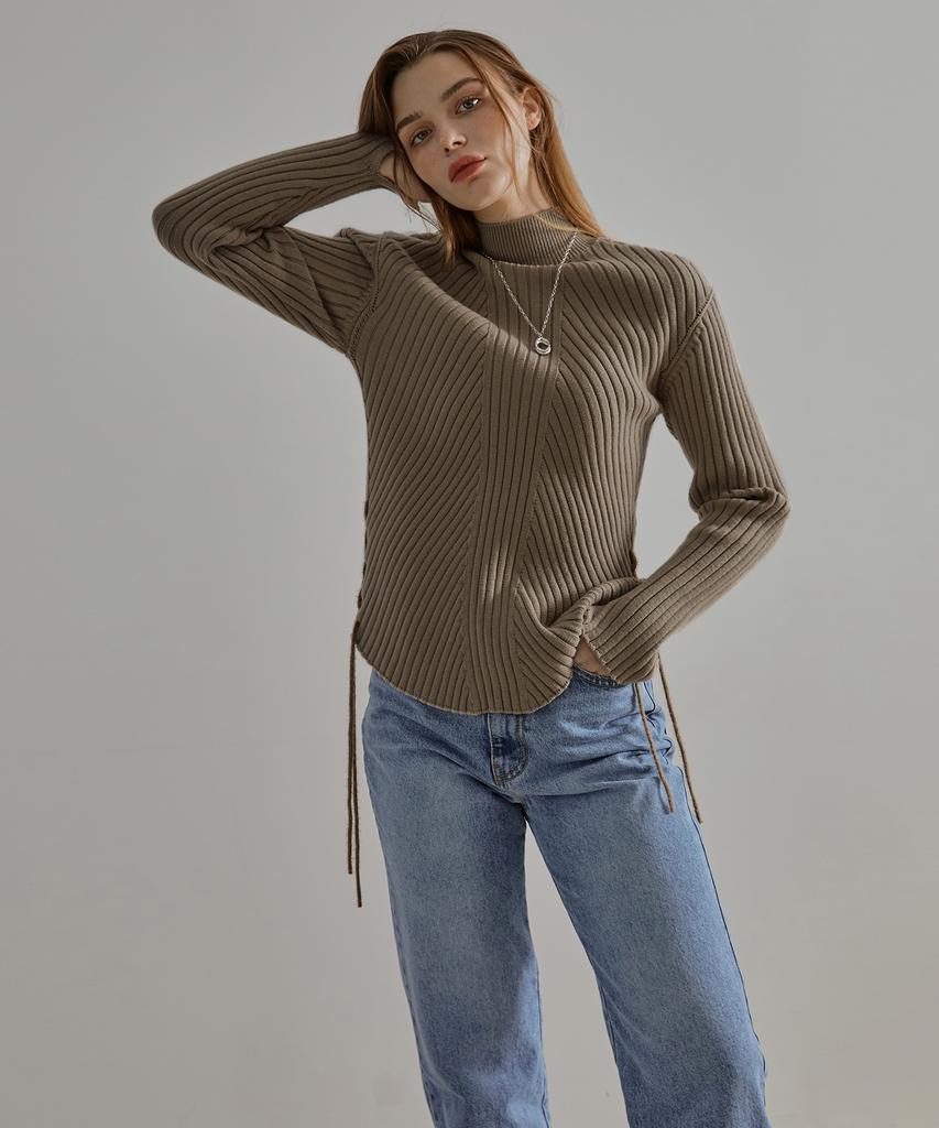ETMON Slit Sleeve Side Strap Knit Top Mocha