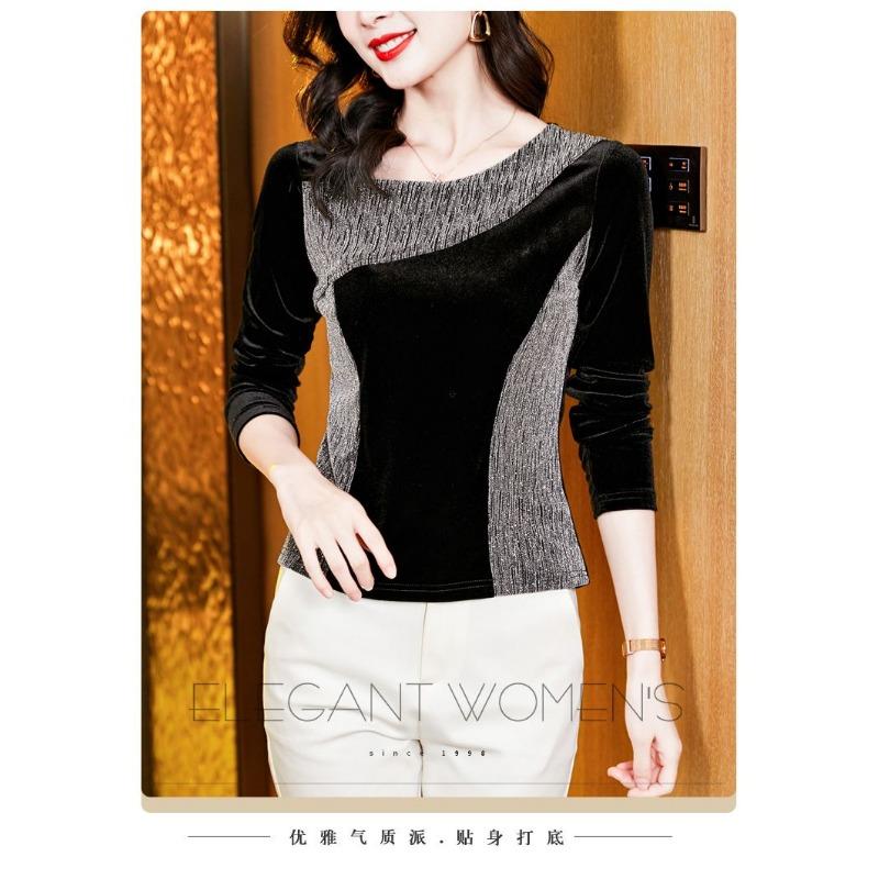Temperament Versatile Bright Silk Stitching Velvet Warm and Slimming Long-sleeved Bottoming Long-sleeved T-shirt for Women