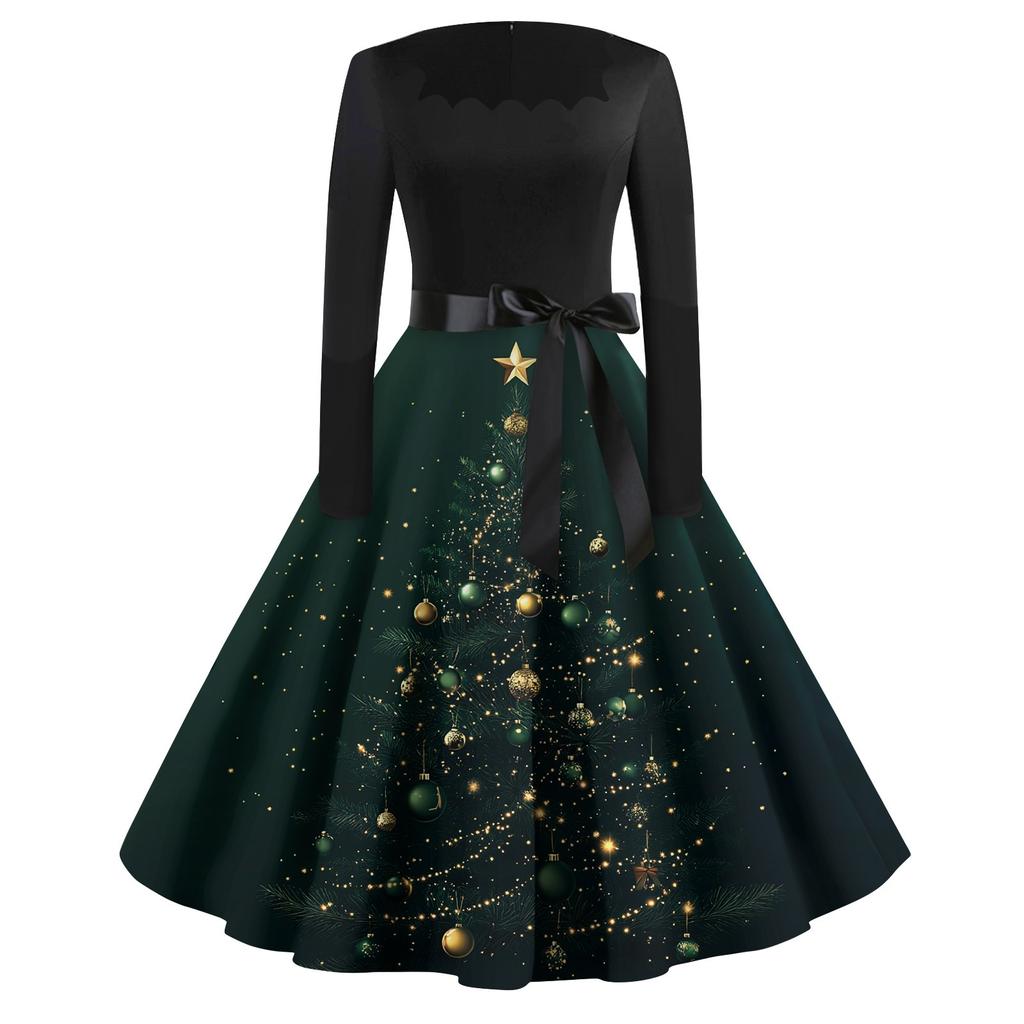 Women's Casual Fashion Printed Retro Square Neck Long Sleeve Dress