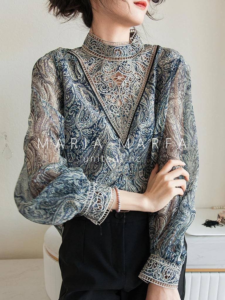 MARIA MARFA Paisley-Bestickte Spitze Hochzeit Büro Schlicht Elegant Floral Formal Gekräuselt Schwarz Größe Damenbluse, Durchsichtig, Frühling/Sommer Oberteil,