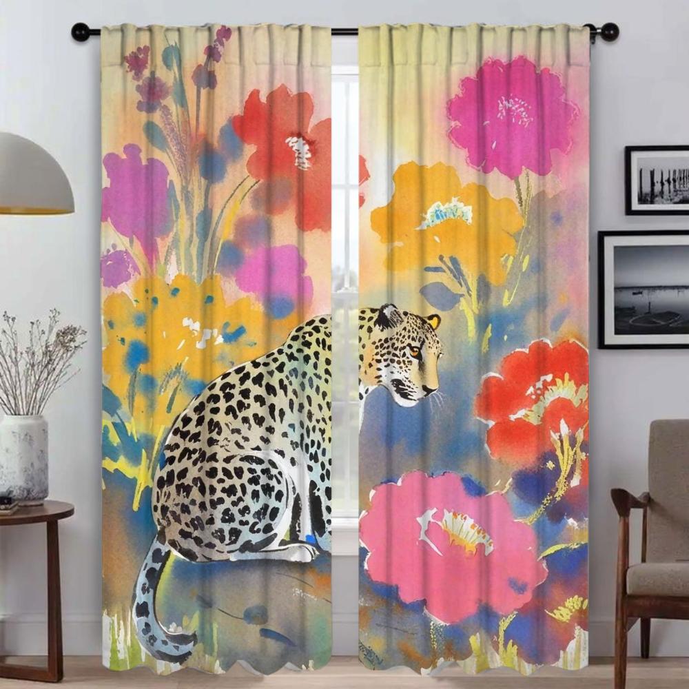 Tiger und Blume Küchenvorhänge für Wohnzimmer Vorhang Raumteiler Tüll für Schlafzimmer Halloween Dekoration Jalousien Verdunkelung Kind