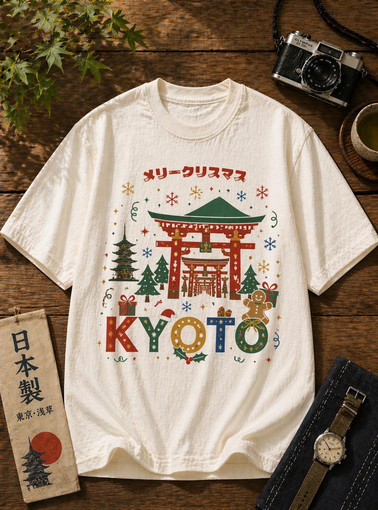 Kyoto Christmas Streetwear Tee – Japanese Torii Festive Graphic Shirt L