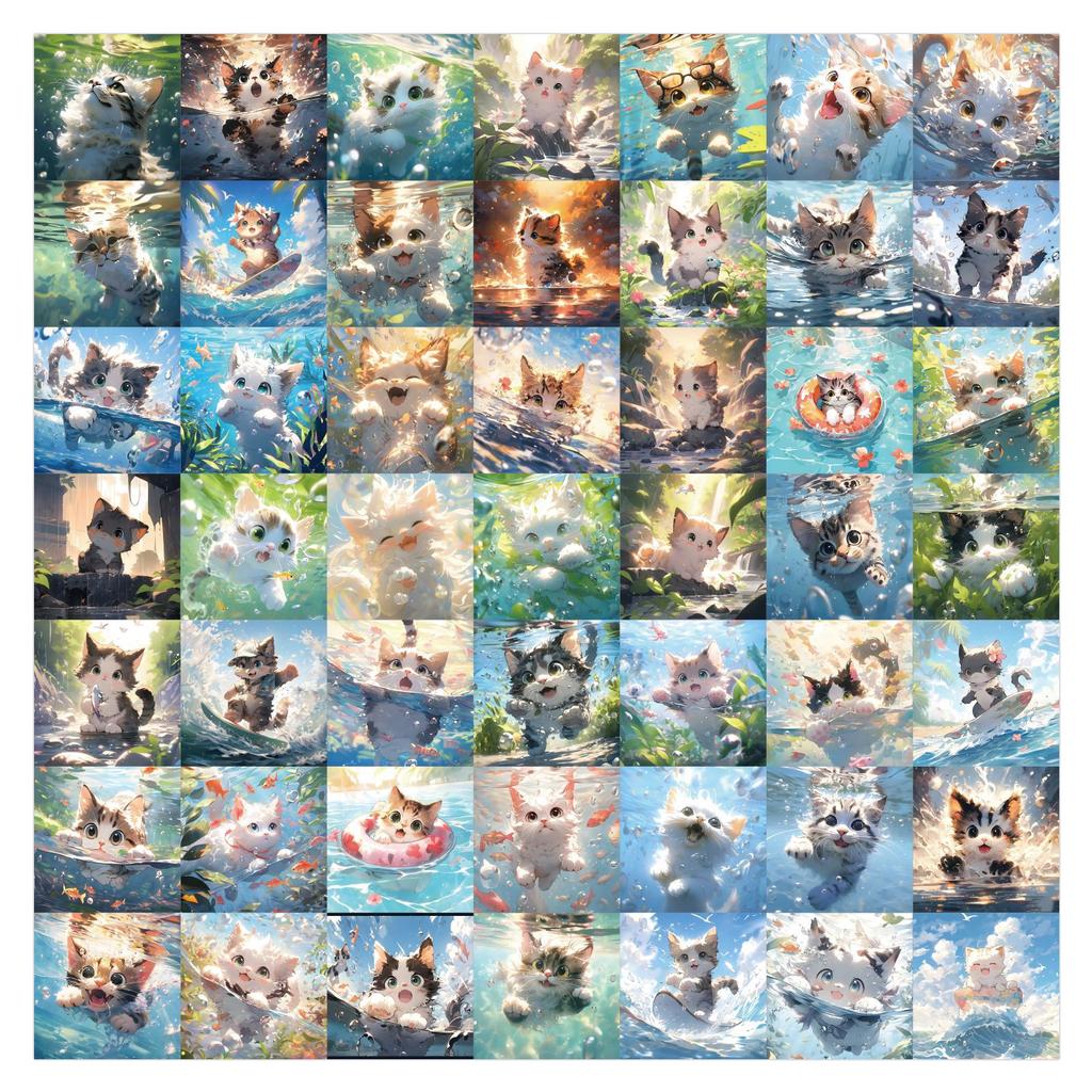 60 Cute Cat Stickers Comic Style Cats with High Appearance Playing Water Kitten Water Cup Stickers