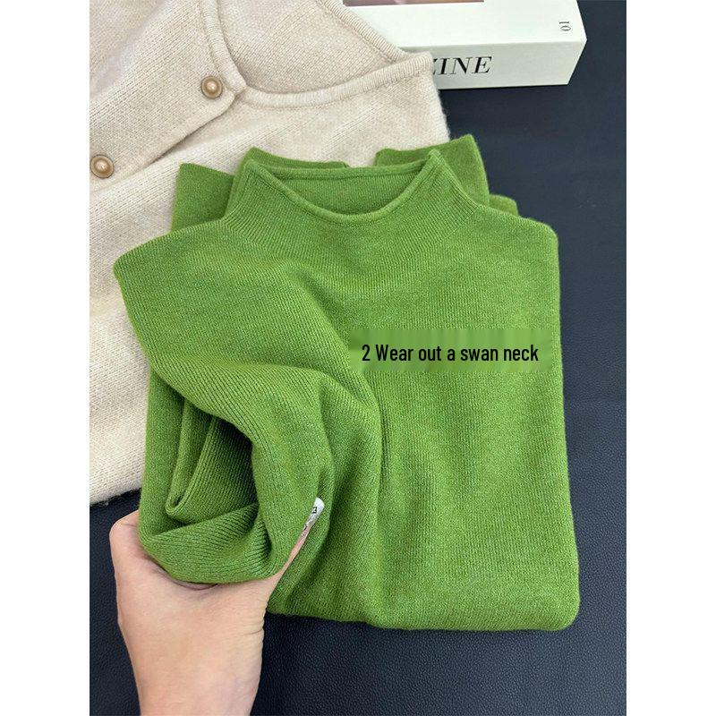Soft Chewy Light Apple Green Women's Half-High Collar Long Sleeve Knit Sweater for Autumn/Winter