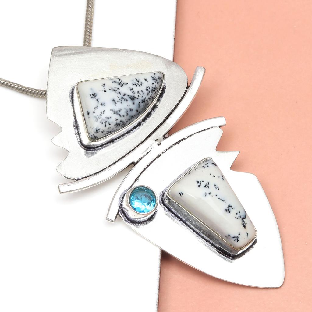 Dendritic Opal Sky Blue Topaz  Mother's Day Silver Jewelry Pendant  2.5"