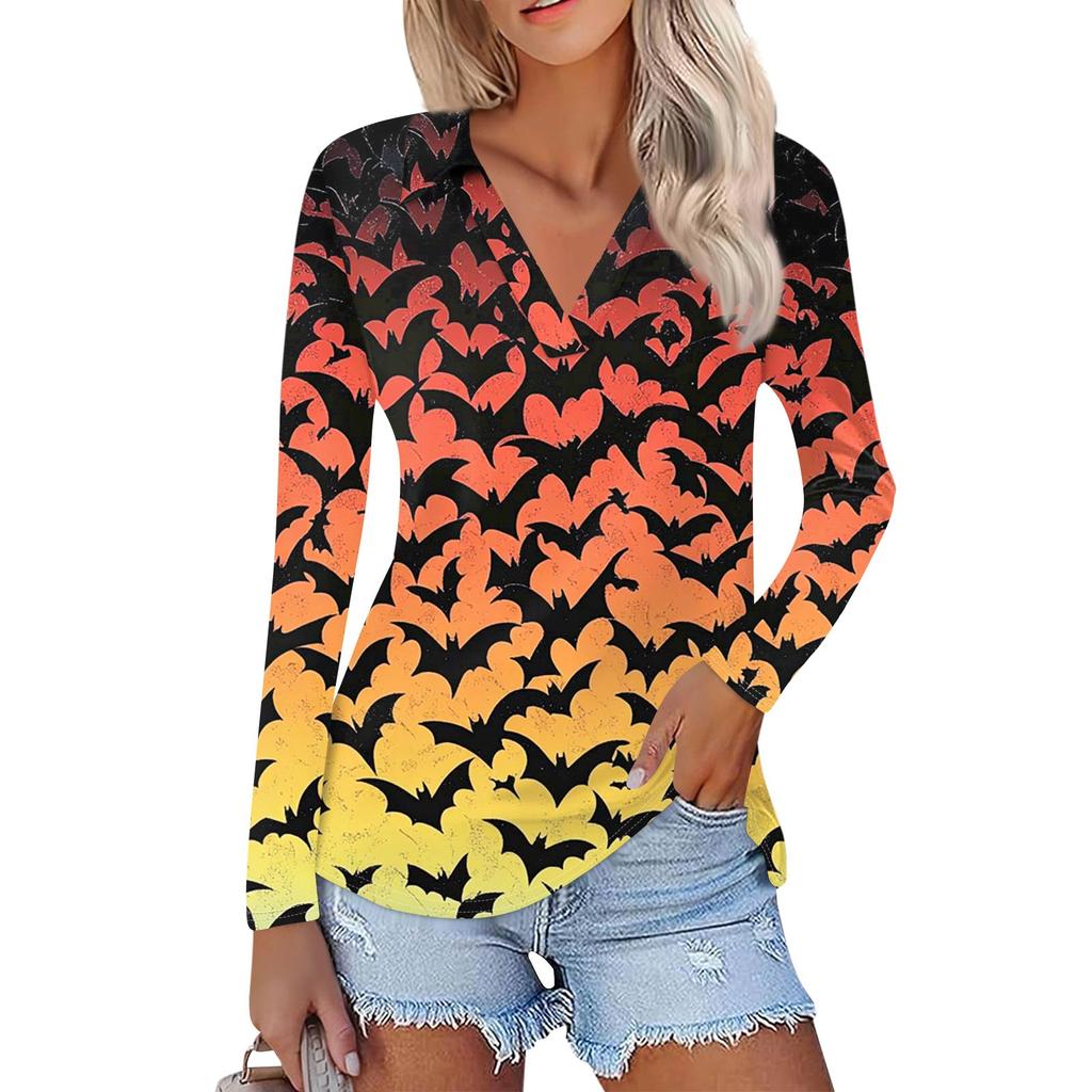 Women's Summer Fashion Casual Printed V-Neck Long Sleeve Shirt Top