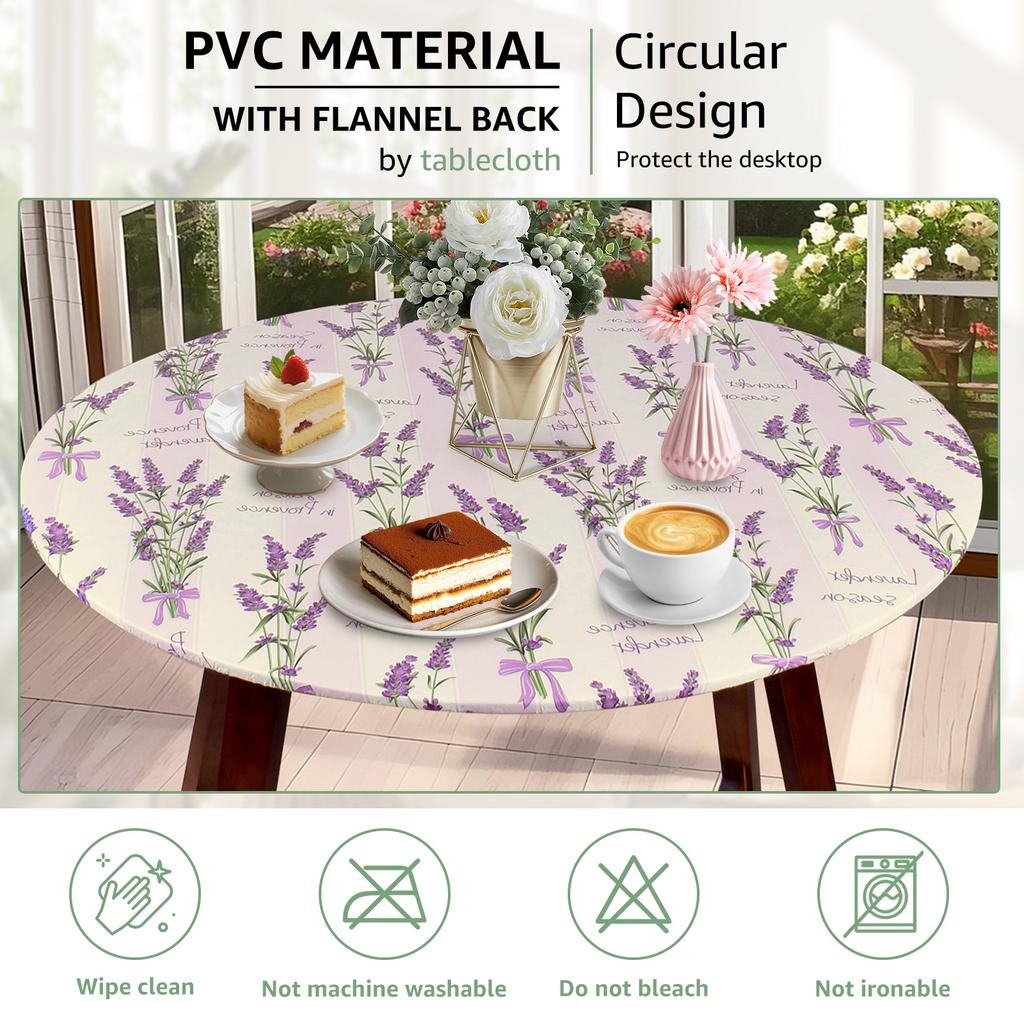 Elastic Round Table Cloth Fitted Flannel Backed Vinyl Tablecloth Waterproof Wipeable Dining Table Covers For Camping