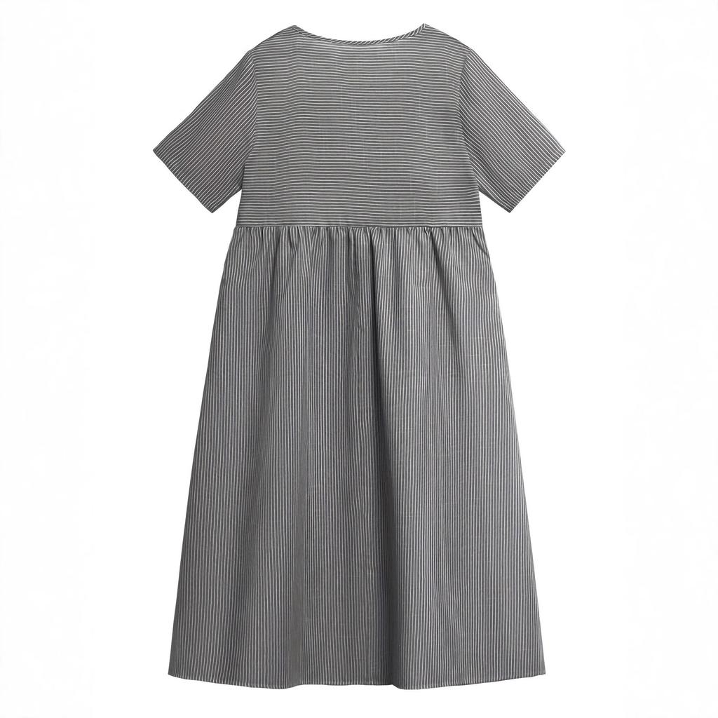 Abito midi casual a righe da donna con scollo rotondo, manica corta, vestibilità ampia, vita alta, bottoni laterali e tasche