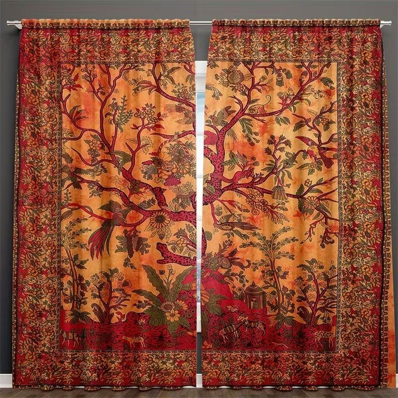 2pcs Vintage Botanical Curtains   Red & Orange Floral Tree Pattern   Retro Style Living Room Bedroom Decor   with Rod Pocket