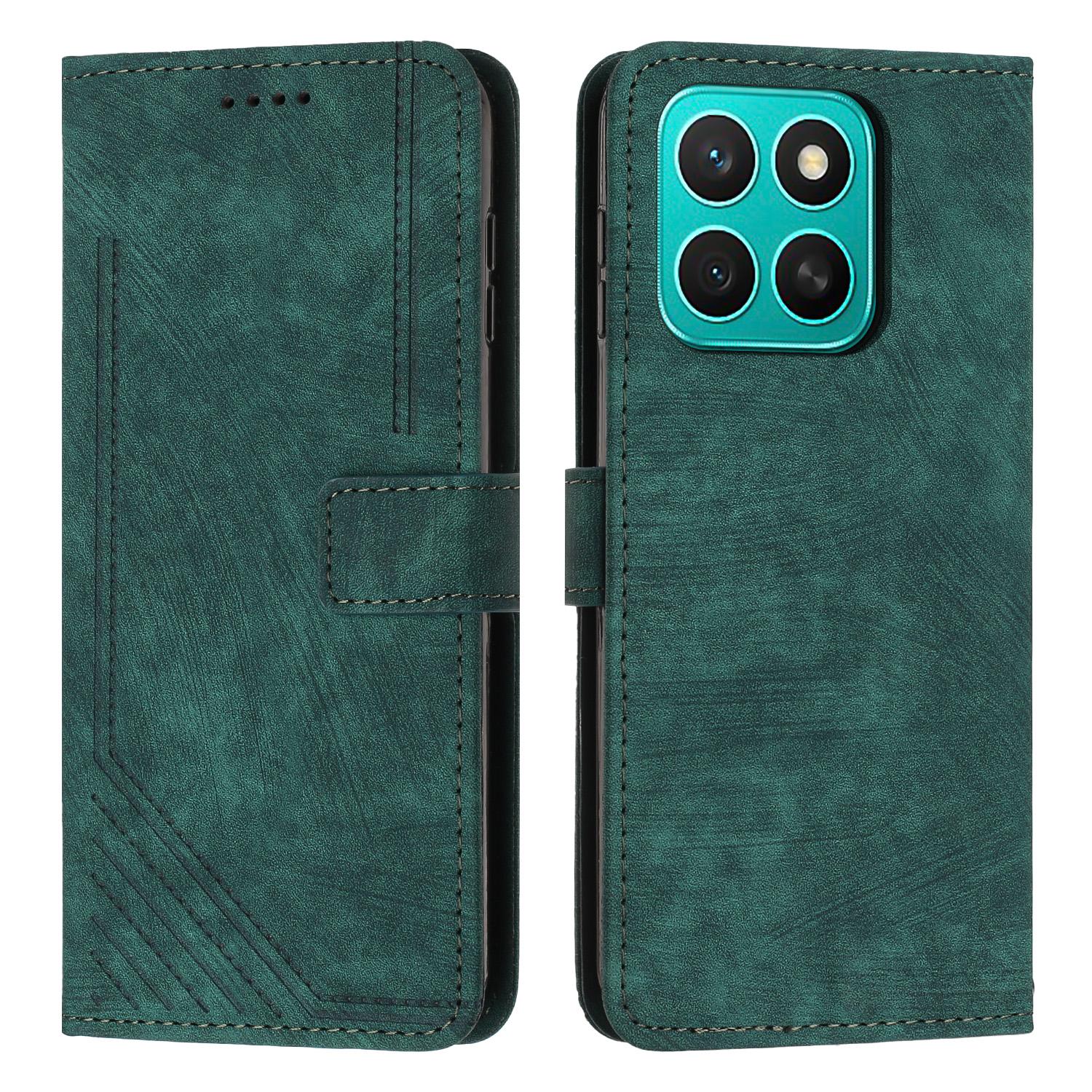 

For Honor X8c 4G Case Imprinted Lines Leather Phone Cover with Stand Green