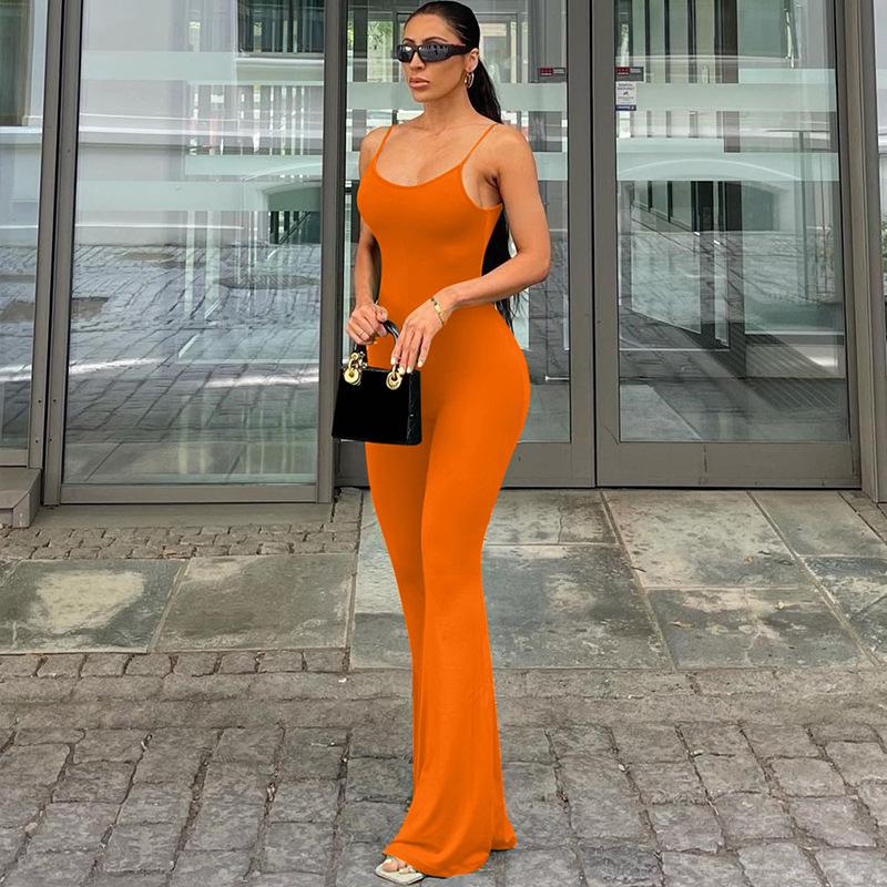 Women's clothing 2025 summer new sexy U-neck backless slim solid color suspender jumpsuit