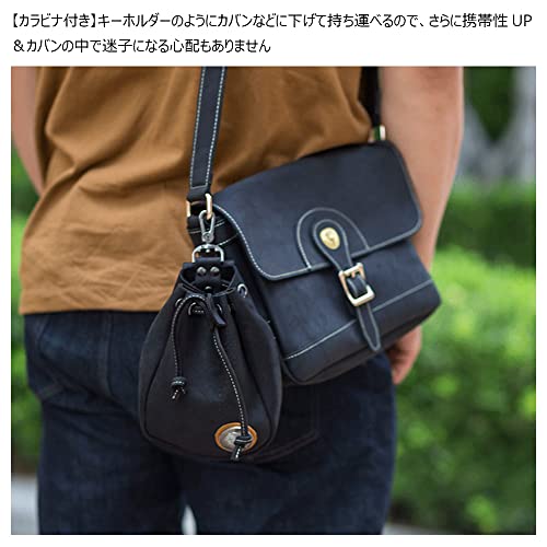 Whatna Natural Thick Cowhide Leather Coin Purse for Men and Women, 2-Way Drawstring Bag, Mini Sacoche Bag, Carabiner Pouch, Belt Loop, Mini Waist Bag,