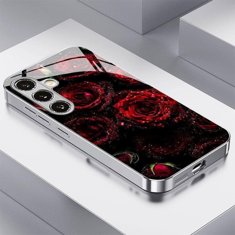 

Позолоченный чехол для телефона из закаленного стекла, совместимый с Galaxy S26 S25 S24 S23 S22 Ultra Plus. Имеет дизайн с красной розой.